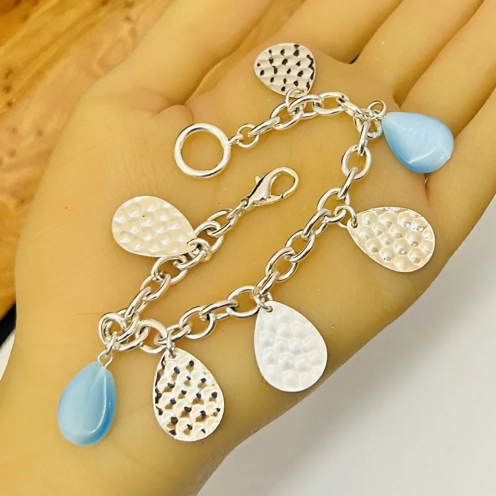 Blue Silver Tone Charm Dangle Drop Bracelet Spring Summer 7” 1477